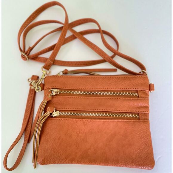Faux Leather Convertible Crossbody Bag Wristlet Camel Cognac - Picture 1 of 14